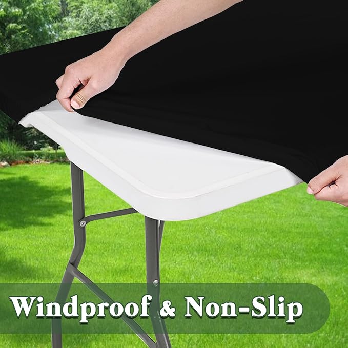10 Pack Picnic Table Cover Fitted Tablecloth for 8 Foot Rectangle Tables Elastic Waterproof Stretch Washable Patio Folding Outdoor Spandex Table Cloth for Camping Banquet and Parties (Black,30" x 96")