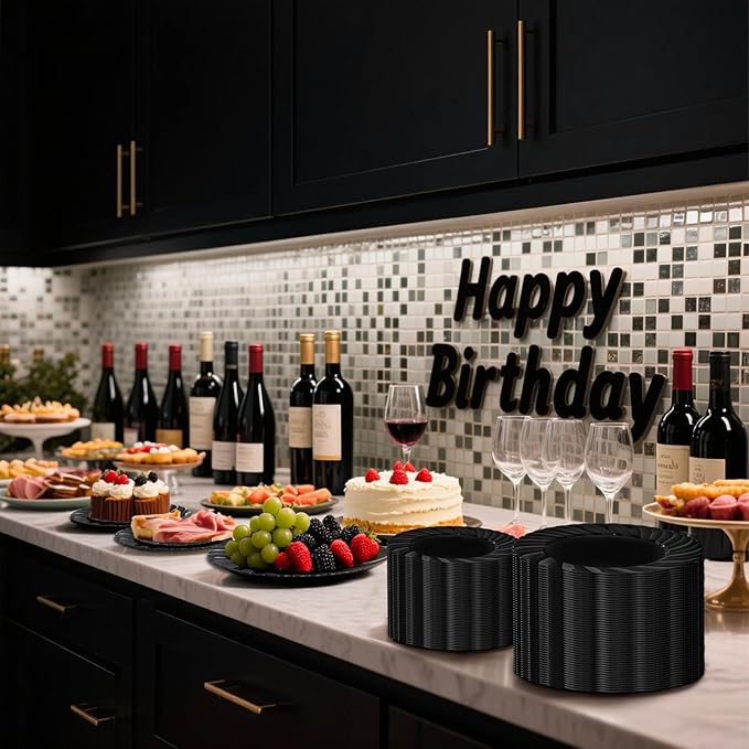 U-QE 60 Pcs Black Plastic Plates for Party – Scalloped Plastic Plates Heavy Duty – Include 30 10.25" Dinner & 30 7.25" Dessert Plate - Perfect for Halloween, Weddings & Birthdays