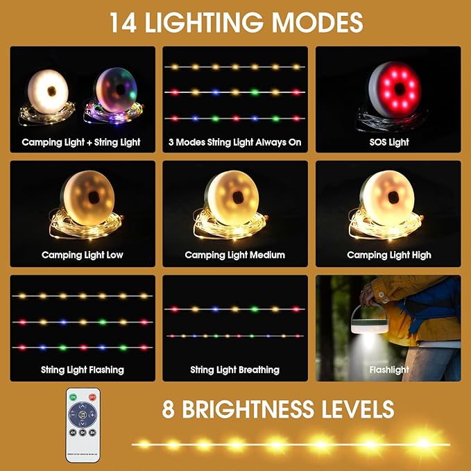 2-Pack Camping String Lights with Remote Control, 4 in 1 Portable Camping Light Rechargeable, 14 Lighting Modes, USB Charging, Quick Storage, 32.8ft Waterproof Tent Light for Hiking, Yard, Christmas