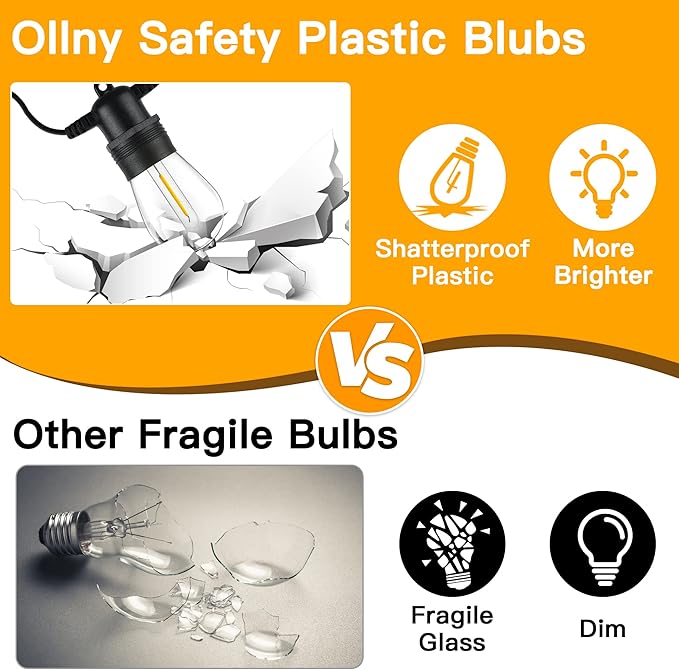 Ollny Outdoor String Lights, 50 FT Waterproof Connectable Patio Lights with 15 Shatterproof Bulbs(2 Spare), Outside Hanging Light for Balcony, Porch, Yard, Garden, Backyard