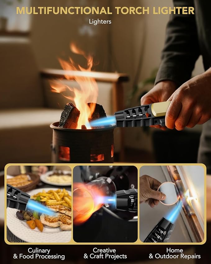 TBTeek Butane Torch Lighter - Adjustable Jet Flame Lighter, Refillable Bright Fire Blow Torch, Cooking Lighter with Safety Lock for creme, BBQ, Baking, Candle, Camping, Gold (Gas Not Included)