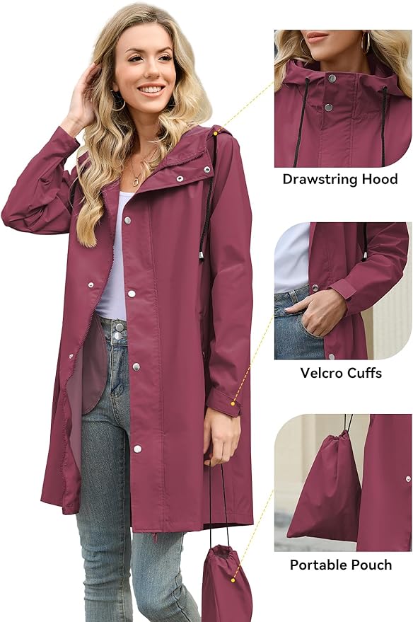 Zando Long Packable Rain Jacket Women Waterproof - Raincoat for Women Rain Coat with Hood Lightweight Outdoor Windbreaker