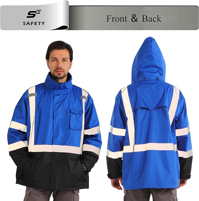sesafety Hi Vis Rain Jacket, Rain Suits for Men Waterproof withBlack Bottom, Rain Coats for Men Interior Mesh, Class 3 HighVisibility Rain Gear,Removable Hood