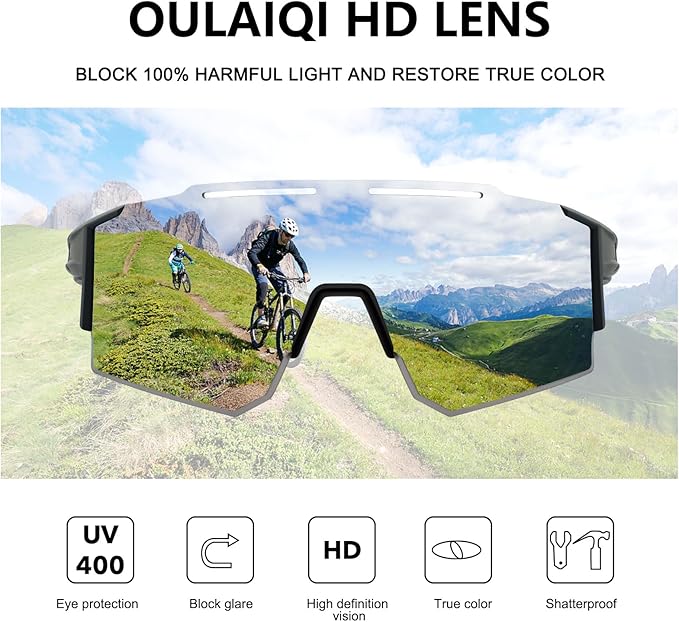 OULAIQI Cycling Sunglasses Polarized Sunglasses for Cycling Men Women with 1 Lens or 3 Interchangeable Lens Baseball Glasses