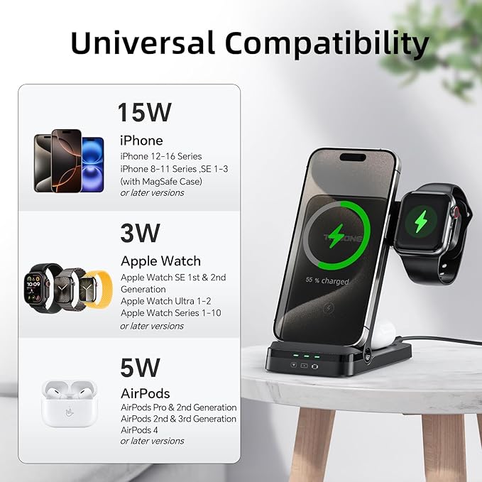 Wireless Charger, Tribone 3 in 1 Foldable Fast Charger for iPhone 16 15 14 13 12 11 Pro Max XR XS 8 Plus,for Multiple Devices,for Apple Watch 10 9 8 7 6 5 4 3 2 SE Ultra,for AirPods Pro 4 3 2, Black