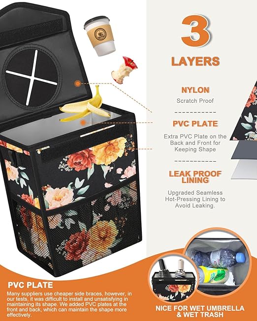 Car Trash Can with Lid, Cute Leakproof Car Trash Garbage Bag Hanging Vehicle Trash Bin Small Portable Automotive Garbage Cans Organizer for Back/Front Seat/Console(2.8 Gallons,Rose)