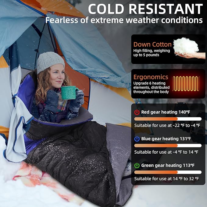Heated Sleeping Bags for Adults Cold Weather, 6pcs Heating Areas Sleeping Bags with 30000mAh 12V Battery Pack, 3 Adjustable Heating Levels Cold Weather Sleeping Bag for All Season Hiking and Camping