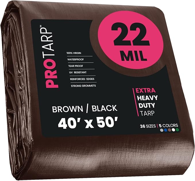 PROTARP Extreme Heavy Duty 22 Mil Tarp Cover, Waterproof, UV Resistant, Rip and Tear Proof, Poly Tarpaulin with Reinforced Edges for Roof, Camping, Patio, Pool, Boat. (Brown/Black 40′ X 50′)