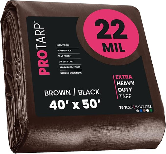 PROTARP Extreme Heavy Duty 22 Mil Tarp Cover, Waterproof, UV Resistant, Rip and Tear Proof, Poly Tarpaulin with Reinforced Edges for Roof, Camping, Patio, Pool, Boat. (Brown/Black 40′ X 50′)