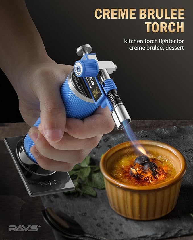 RAVS 2 Flame Mode Butane Torch, Kitchen Torch Lighter for Creme Brulee, Mini Torch with Adjustable Flame, Refillable Soldering Torches for Welding, Resin Art, Blue Cooking torch Butane not Include
