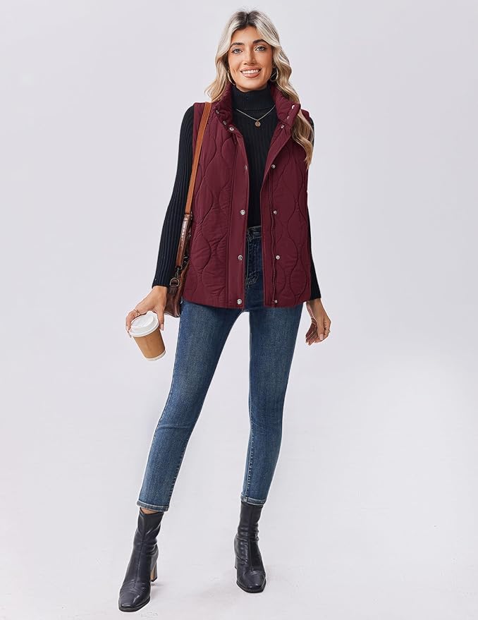Zeagoo Puffer Vest Women Sleeveless Quilted Jacket Lightweight Snap Zip Up Stand-up Collar Down with Pockets Outerwear