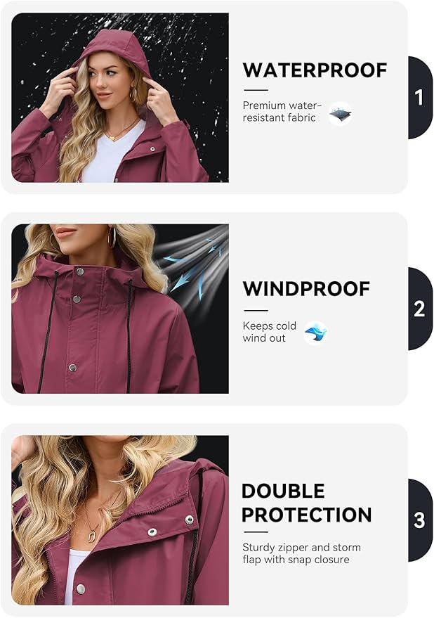 Zando Long Packable Rain Jacket Women Waterproof - Raincoat for Women Rain Coat with Hood Lightweight Outdoor Windbreaker