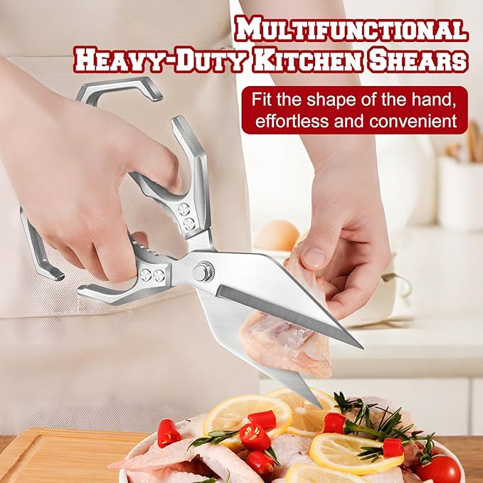 Seattleget Multifunctional Heavy-Duty Kitchen Shears, Ergonomic Heavy-Duty Kitchen Scissors, Household Food Scissors, Suitable for Cutting Meat, Seafood and Small Bones (Silver)