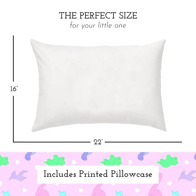 Little Sleepy Head Youth Pillow with Pillowcase 16x22, Soft Jumbo Toddler Pillows, Hypoallergenic Pillow Case - Best Kids Pillows for Sleeping, Perfect Kids Travel Pillows (Dinosaurs Pink)