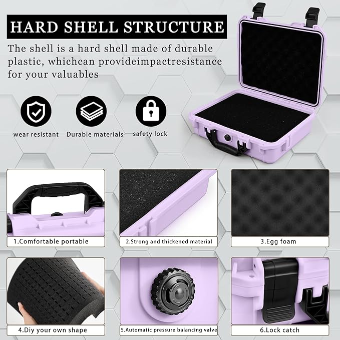 14.3 x 11.4 x 4.5 Inch Waterproof Hard Case with DIY Customizable Foam Insert Portable Protective Case with Knife for Camera Drones Equipments Tools Test Instruments (Purple)