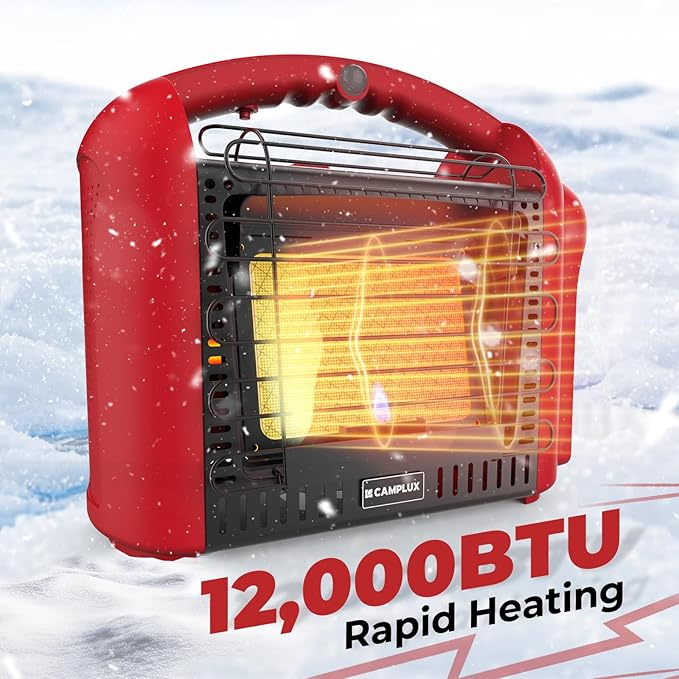 CAMPLUX Portable Propane Heater Outdoor and Indoor, 12000 BTU LP Gas Buddy Heater for Camping with ODS & Tip-over Protection, 1lb Propane Radiant Heating with LED light, Red