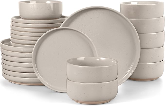 LIANYU Dinnerware Dishes Sets for 8, 24-Piece Stoneware Dinner Set, Ceramic Dining Bowls and Plates Crafted at 2400℉, Scratch Resistant, Microwave & Dishwasher Safe, Milky Brown