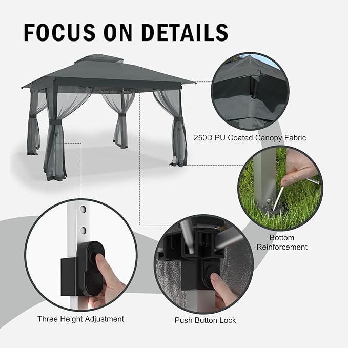 Pop Up Gazebo 11x11 - Outdoor Canopy Tent with Mosquito Netting & Wheeled Carry Bag, Double Roof Gazebos for Backyard Party Garden Wedding Camping (Gray, 11x11)