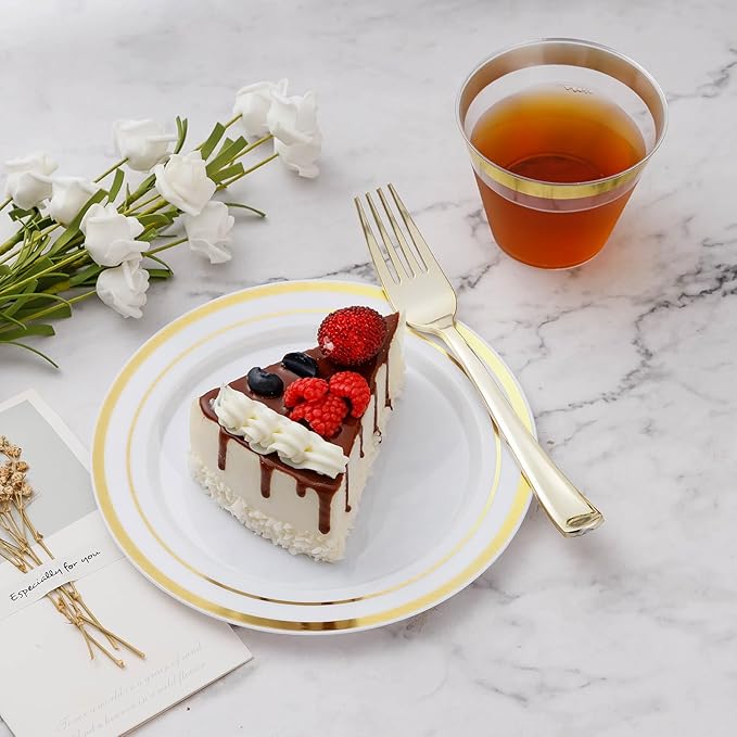 300PCS Plastic Dinnerware Set (50 Guests), Gold Disposable Plates for Party, Wedding, Christmas, Anniversary, Includes: Dinner Plates, Dessert Plates, Cups, Spoons, Forks and Knives