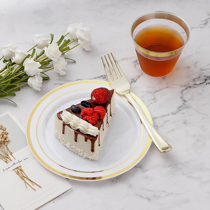 150PCS Plastic Dinnerware Set (25 Guests), Gold Disposable Plates for Party, Wedding, Christmas, Anniversary, Includes: Dinner Plates, Dessert Plates, Cups, Spoons, Forks and Knives