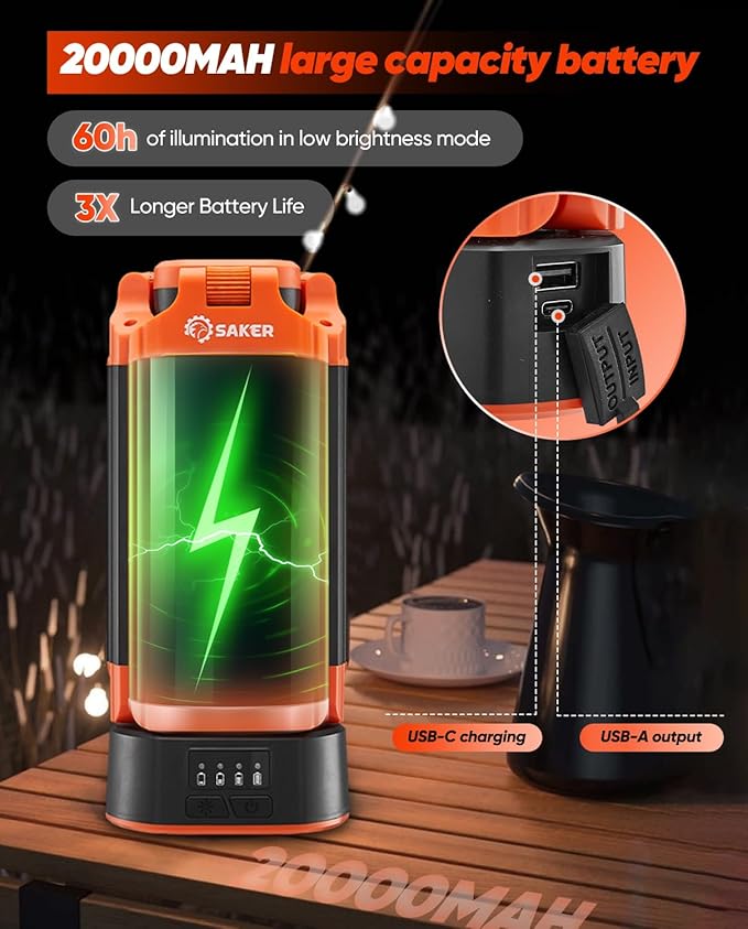 Saker Portable Camping Light with Stand 73inch 20000mAh Rechargeable LED Work Lights 800/3200 Lumen 4000/6500K Emergency Lights for Camping, Garage, Outdoor Work, Power Outages, Fishing LD18