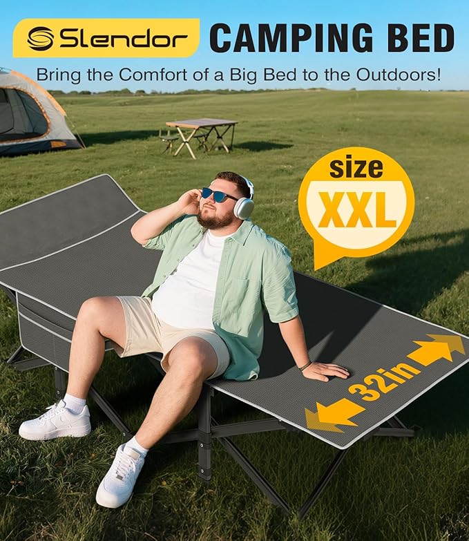 Slendor Oversized XXL Camping Cot, Folding Cot for Adults, 79" L x 32" W x 19" H Sleeping Bed with Mattress, Carry Bag, Camp Cot Bed for Travel, Guest, Support 900lbs