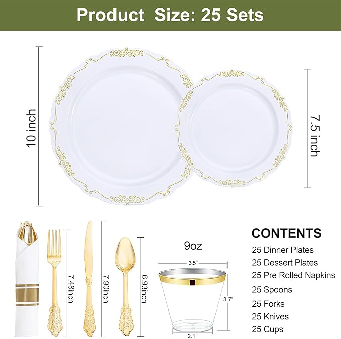 U-QE 175 Pieces Gold Plastic Plates and Napkins Party Supplies - White and Gold Dinnerware Set 25 Guest - 25 Dinner Plate, 25 Dessert Plates, 25 Per Rolled Napkins with Gold Cutlery, 25 Cups 9 OZ