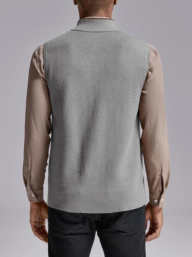 Ryannology Mens Sweater Vest Zip up Casual Sleeveless Cardigan Knitted Stand Collar Regular Fit Jacket with Pockets