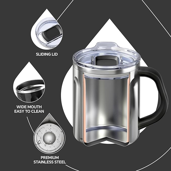 Ideus 16 oz Coffee Cup, Stainless Steel Coffee Travel Mug, Spill Proof Tea Mug with Handle and Lid, Lightweight and Durable, Great for Office Home and Outdoor Use, Black
