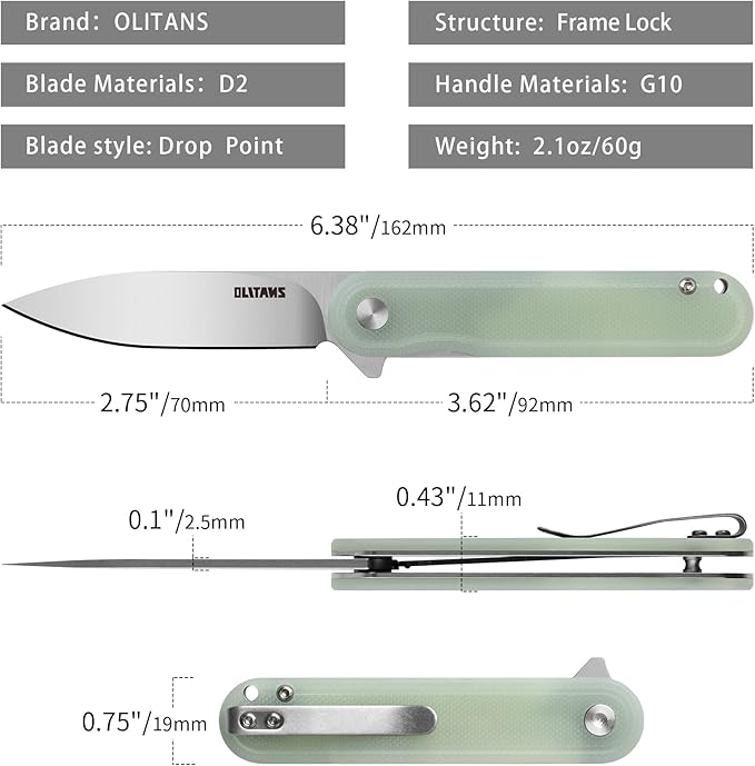 G040 Pocket Knife, 2.75'' D2 Steel Blade G10 handle, Small EDC Knife with Pocket Clip for Men Women, 2.1oz