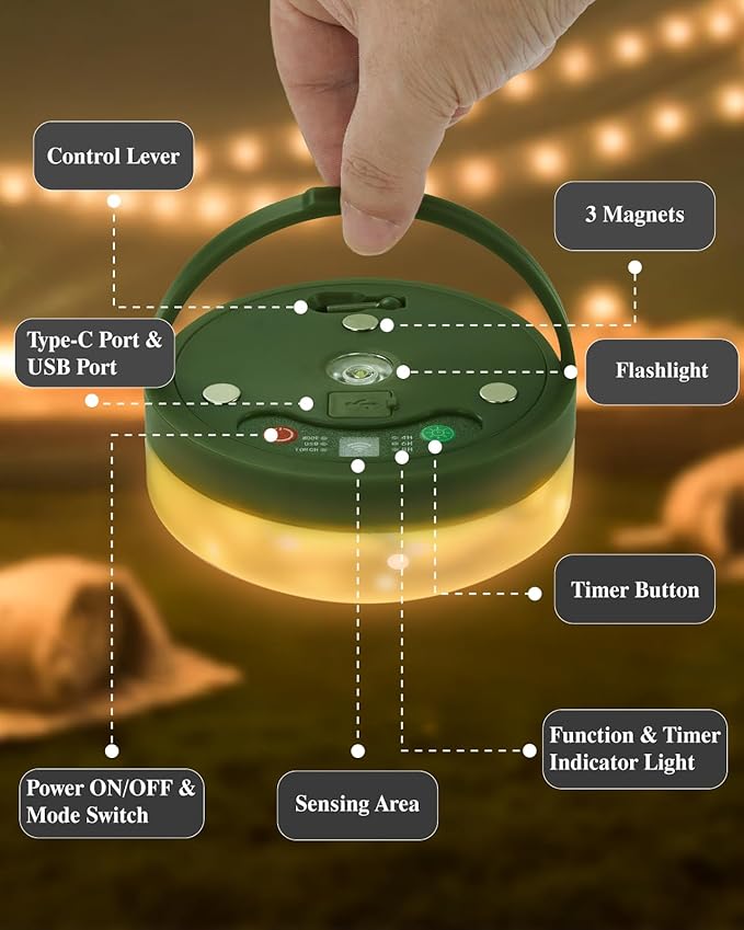 Anpro 4 in 1 Camping String Lights, 32.8 Ft String with Warm White 130 LEDs, USB Rechargeable with Remote Control, Adjustable Brightness, 6 Light Modes, Portable Camping Light for Outdoor, Decoration