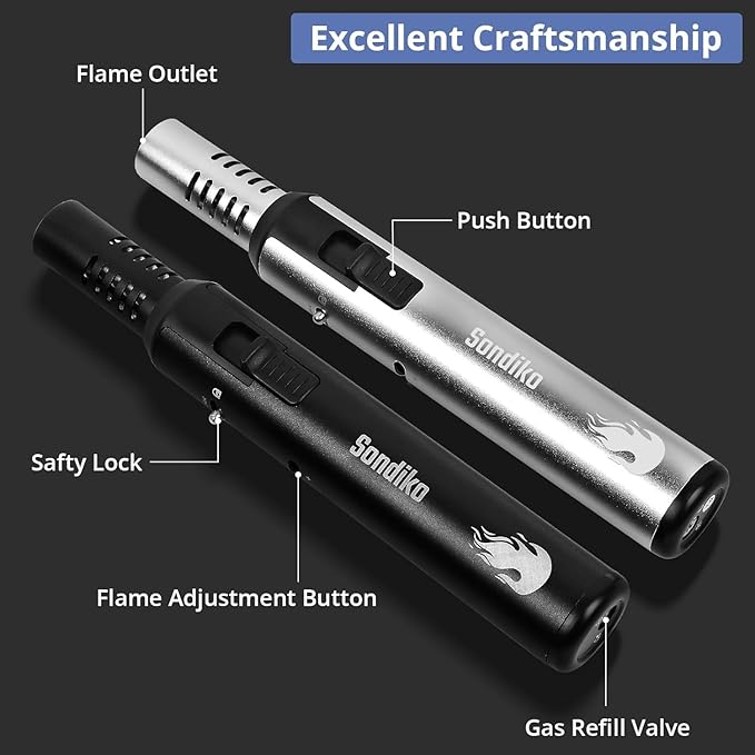 Sondiko Butane Torch Lighter 2 Pack, Refillable Butane Lighter, Kitchen Torch Blow Torch with Safety Lock & Adjustable Flame Culinary Cooking Torch for Food(Black, Silver)