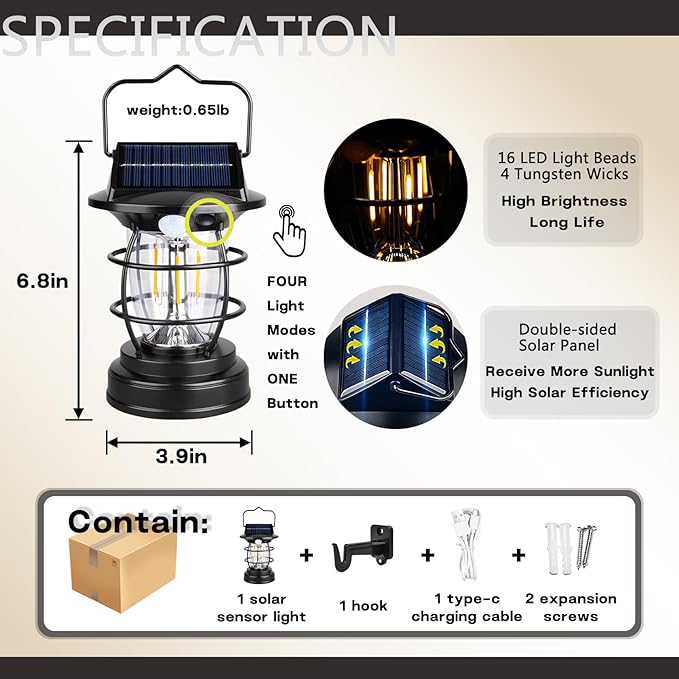Solar Motion Sensor Lanterns, Outdoor Hanging Lamps, Waterproof, Camping Lights, Rechargeable, Battery Powered, Bright, Decoration for Outside, Porch, Garden, Patio, Yard, Retro Vintage, Gifts