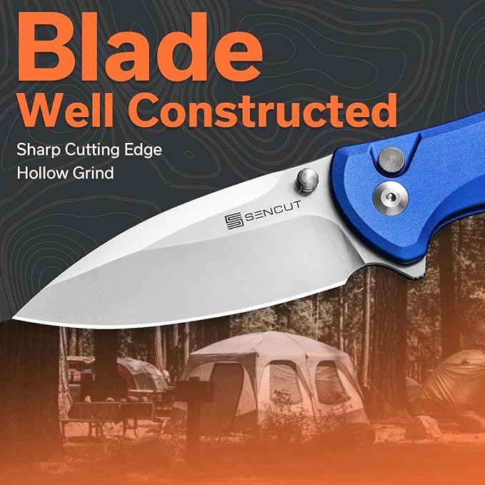 SENCUT ArcBlast Button Lock Knife for EDC, Folding Pocket knife with Aircraft-grade Aluminum Handle and 2.98" 9Cr18MoV Blade, Outdoor Gift for Men and Women S22043B-3 (Blue)