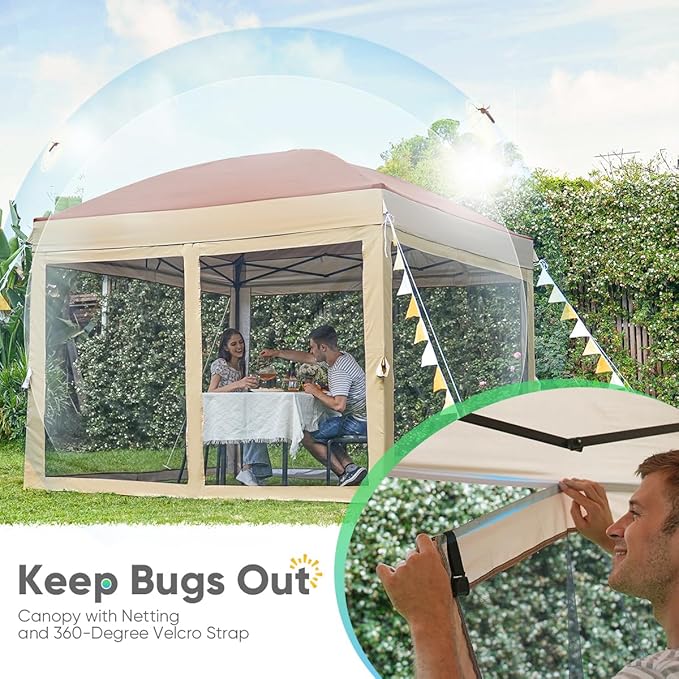 Quictent 6.6’x6.6’ Pop up Canopy Tent with Netting, Instant Setup Screen House Room Tent Screened- 2 Magnetic Doors, Waterproof (Khaki)