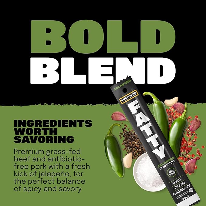 FATTY Meat Sticks, Made with Grass Fed Beef, Pork Raised Without Antibiotics, 13g Protein Per Stick, Jalapeno, 2 oz. (Pack of 5)