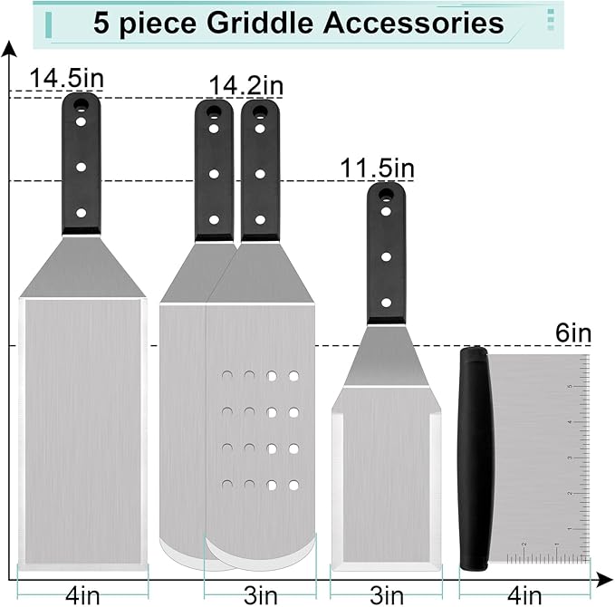 HaSteeL Metal Spatula Set of 5, Stainless Steel Grill Spatula & Griddle Scraper - Multipurpose Griddle Accessories for BBQ Hibachi Teppanyaki Flat Top Cooking, Riveted Handle & Dishwasher Safe