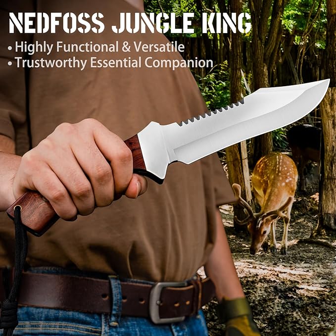 NedFoss 13" Survival Knife with Sheath, 7" Large Blade Camping Knives with Rosewood Handle, Full Tang Bowie Fixed Blade Hunting Knife, Outdoor Bushcraft Gifts for Men Women
