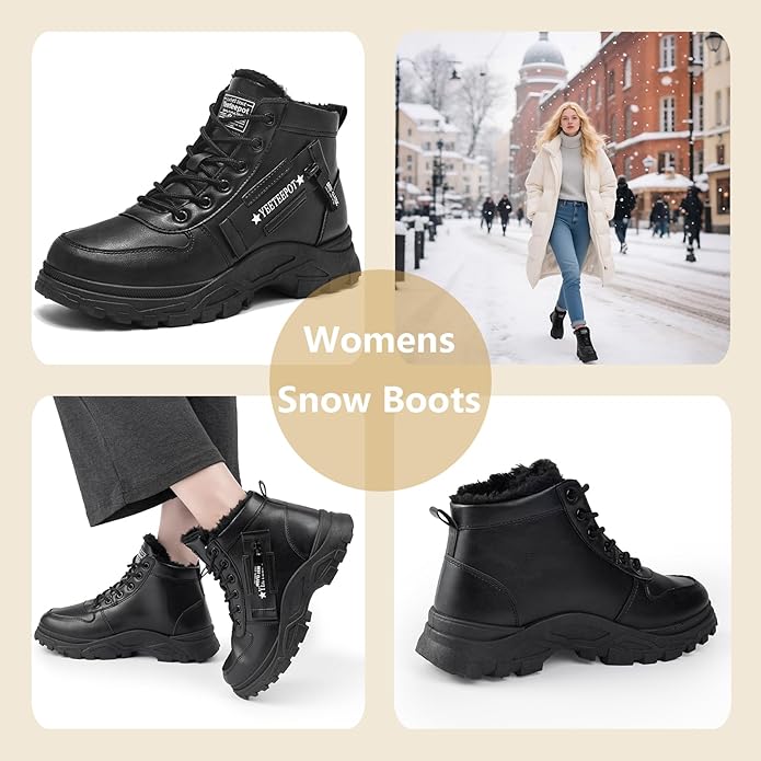 Womens Snow Boots Warm Winter Boots Ladies Fur Lined Ankle Boots Lace Up Outdoor Booties Anti-Slip Sneakers Waterproof Walking Shoes