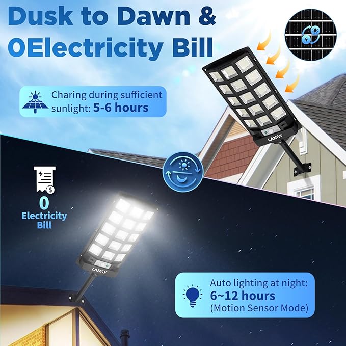 Solar Lights Outdoor Waterproof, 6500K Dusk to Dawn Solar Street Lights Outdoor Motion Sensor with Remote Control, LED Security Light for Outside Garden Yard Parking Lot, Oudoor Flood Lights, 2 Pack