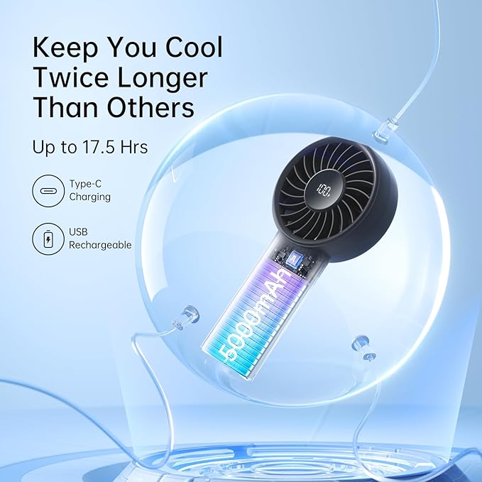 JISULIFE Handheld Fan Life4, 5000mAh Portable Rechargeable Fan, 5-Speed Turbo Wind, 17.5 Hrs Cooling, LED Display, Gifts for Men/Women, Essential for Travel,Beach,Vacation,Makeup,Concerts,Cruise-Black