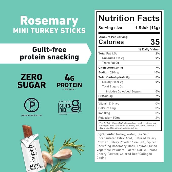Country Archer Mini Turkey Jerky Sticks - All Natural Turkey Sticks, Meat Snack for People, Gluten Free, Keto Protein Snack, Rosemary Flavor - 0.5 oz (Pack of 12)