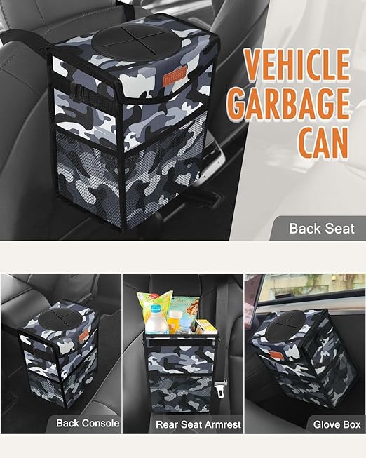 Car Trash Can with Lid, Cute Leakproof Car Trash Garbage Bag Hanging Vehicle Trash Bin Small Portable Automotive Garbage Cans Organizer for Back/Front Seat/Console(Trapezoid,Camo Grey)