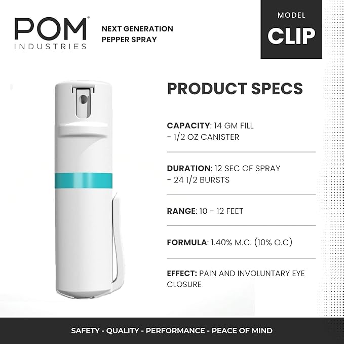 POM Pepper Spray Pocket Clip, Quick Flip Top Safety, Maximum Strength OC Formula with UV Marking Dye, Safe Compact and Tactical Design for Everyday Carry, 25 Bursts, 10 ft Range, 0.5 fl oz