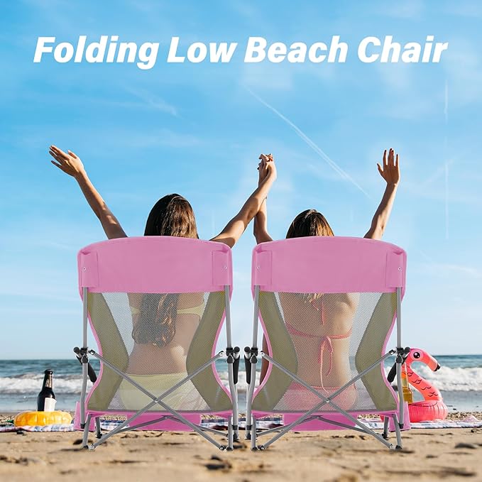 Homcosan Portable Low Folding Beach Chair - Lightweight Camping Chair for Adults with Cup Holder & Storage Pocket, Carry Bag Included (Pink & Yellow)