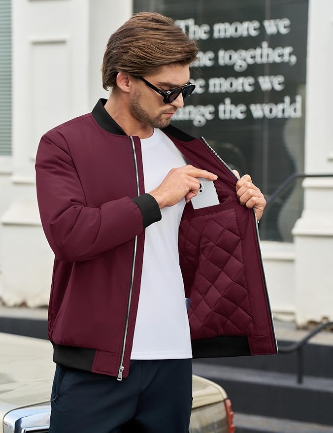 Cotrasen Men's Bomber Jacket Full Zip Windbreaker Warm Winter Windproof Casual Outwear Padded Lined Coats