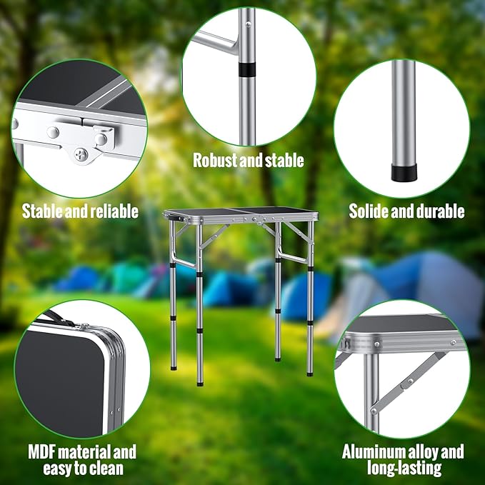 GARLLEN 2ft Folding Camping Table, Portable Picnic Table with 3 Adjustable Height, Lightweight Aluminum Outdoor Table for BBQ, Camping, Dinning, 22.8" L x 15.7" W, Silver