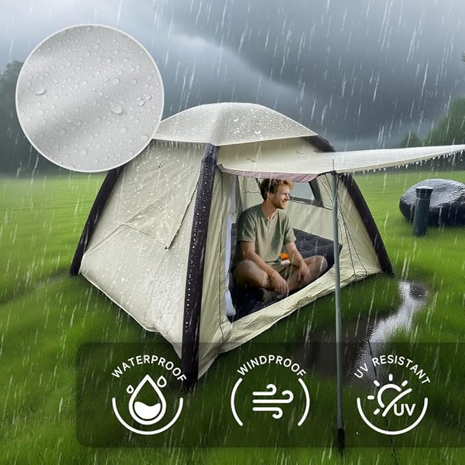 Cow-HQUS Camping Tents 4 Person, Pop Up Tents for Camping, Family Auto-Inflating Instant Pop Up Folding House with Screen Porch, Dome Large Inflatable Tents for Camping/Hiking/Beach(Solar Tent)