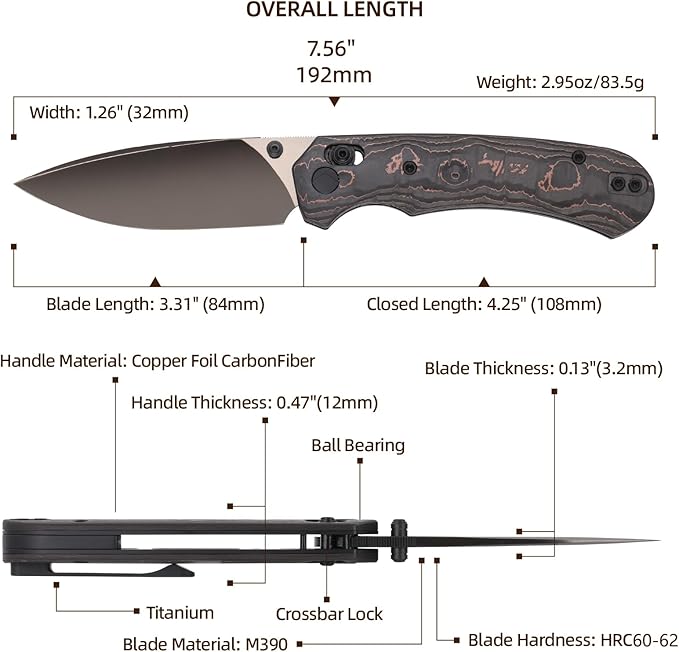 Folding Pocket Knife,3.31” M390 Blade,Erogonomic Titanium Handle,Hunting Survival Knife,EDC Knife for Hunting Camping Survival Outdoor Fishing Hiking(Black&Brown)