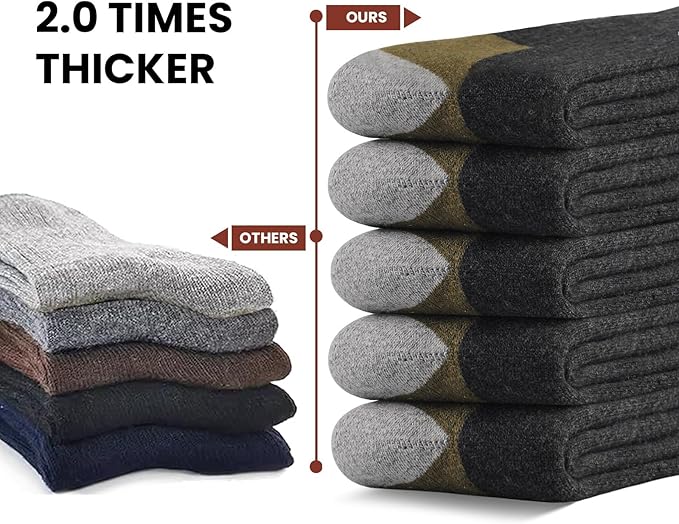 BESTENA Merino Wool Hiking Socks for Men 5 Pairs Thermal Warm Winter Thick Cushion Moisture Wicking Crew Boot Socks